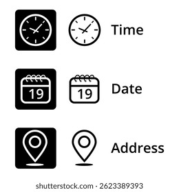 Collection of event icons with time, date and location, calendar icon with specific day marked, day 19.