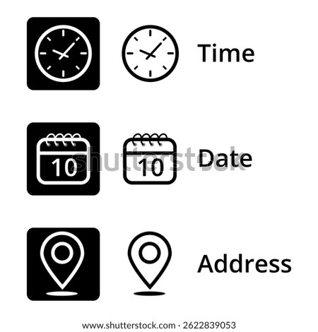 Collection of event icons with time, date and location, calendar icon with specific day marked, day 10.
