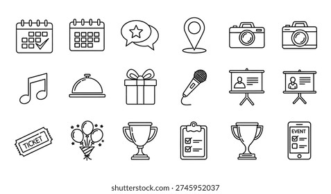Collection of event planning icons including a calendar silhouette