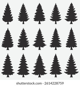 Collection of evergreen fir and spruce tree icons perfect for forest, camping, and outdoor adventure designs.