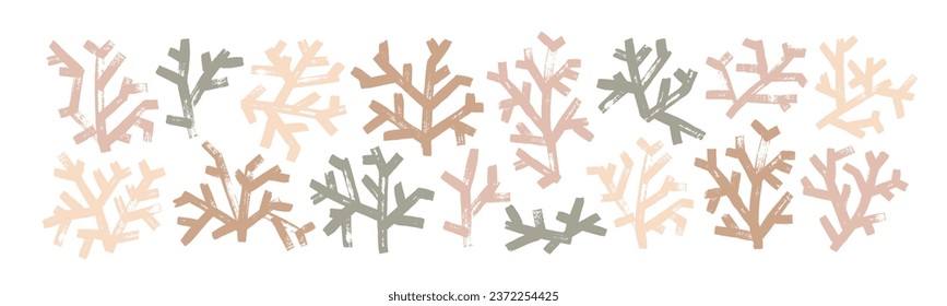 Collection evergreen tree branches isolated on white background. Brush geometric botanical twigs. Vector pine and fir branches in naive simple style. Vector foliage silhouettes in beige neutral colors
