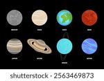 Collection of Every Planet in the Solar System on Black background. Flat Illustration with Planets Name.