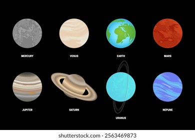 Collection of Every Planet in the Solar System on Black background. Flat Illustration with Planets Name.