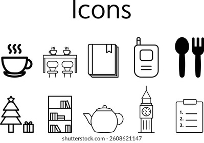 Collection of Everyday Items Black and White Icons