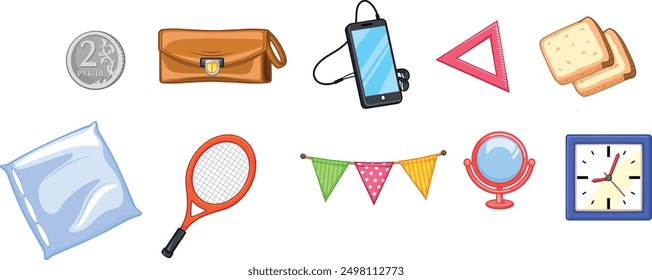 A collection of everyday objects, including a coin, purse, phone, ruler, bread, bag, tennis racket, bunting, mirror, and clock. The items are arranged in two rows and are drawn in a cartoon style.