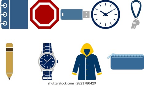 A collection of everyday objects, including school supplies, time-keeping devices, and clothing, arranged on a plain white background in a vibrant color palette.