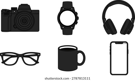 A collection of everyday tech gadgets including a camera, smartwatch, headphones, and more