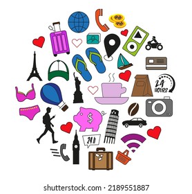 Collection of everything for tourism, travel abroad, summer holidays isolated on white background. Flat cartoon colorful vector illustration.