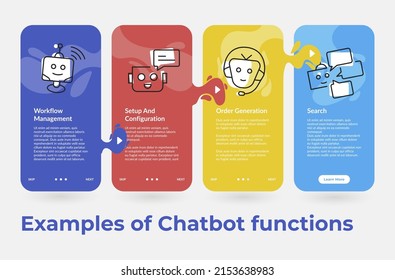 Collection Examples Of Chatbot Functions Vertical Internet Poster Landing Page Vector Illustration. Set Virtual Online Dialogue Service Customer Support Robotic Communication Application Template