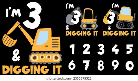 A collection of excavator trucks and number for you to design the print on demand t-shirt designs for all ages kids. 