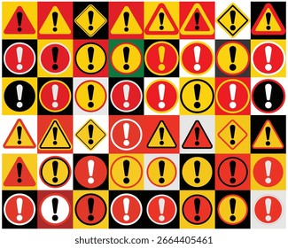Colección de los símbolos de advertencia de signo de exclamación en el fondo del tablero de ajedrez