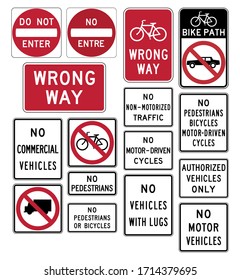 Collection of exclusionary sign for drive safety on highway road. High quality Standard Traffic sign collection vector illustrator on white background. Road signs in the United States.