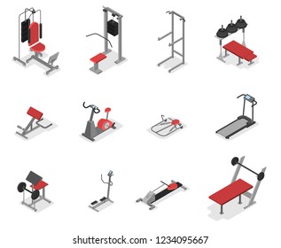 Collection of exercise machine for the gym. Equipment set for fitness and muscle building. Idea of healthy lifestyle. ector isometric illustration isolated