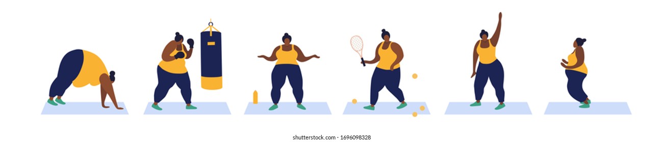 Collection of exercise for weight loss. A full-bodied African American woman is engaged in various sports. Overweight problems. Vector flat illustration on white isolated background.