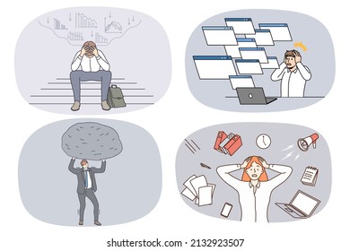 Collection of exhausted businesspeople overwhelmed with work stress. Set of tired unhappy employee or worker stressed frustrated with job workload. Burnout and overwork. Vector illustration. 