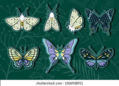Collection of exotic butterflies and moths. White ermine moth. Midnight green. Tropical forest. Rainforest. Exotic plants. Color trend palette. Shade of green. Fashion color.