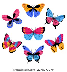 Collection of exotic butterflies. Set of tropical flying insects with colorful wings isolated on white background.