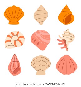 Coleção de conchas exóticas e decorativas em estilo plano para visuais marinhos e de praia