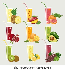 Collection of exotic fruit juices. Fresh organic juice for a healthy lifestyle