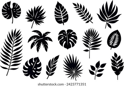 Collection of exotic leaves silhouettes. icon set. Vector illustration