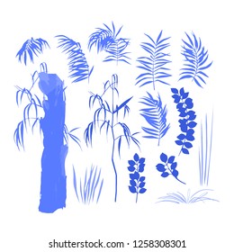 Collection of exotic leaves and trees drwan as graphic silhouettes. Vector botanical design elements isolated on white background