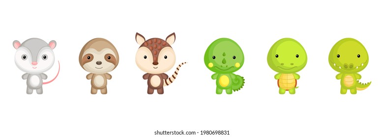 Collection of exotic little animals in cartoon style. Cute animals characters for kids cards, baby shower, birthday invitation, house interior. Bright colored childish vector illustration.