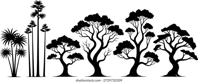 Coleção de silhuetas de árvores exóticas incluindo palmeiras e savanas isoladas sobre fundo branco para uso tropical e paisagístico