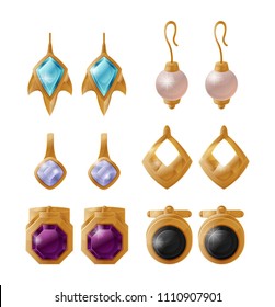 Collection of expensive earrings isolated vector female stylish accessories with sapphire and ruby stones, gold decoration for ears, treasure items