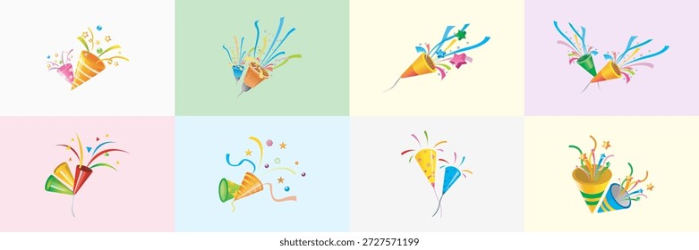 Collection of exploding party poppers or confetti cannons with colorful streamers and stars for celebration or birthday events on multi colored pastel background panels