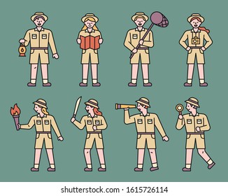 A collection of explorer characters carrying various equipment. flat design style minimal vector illustration.