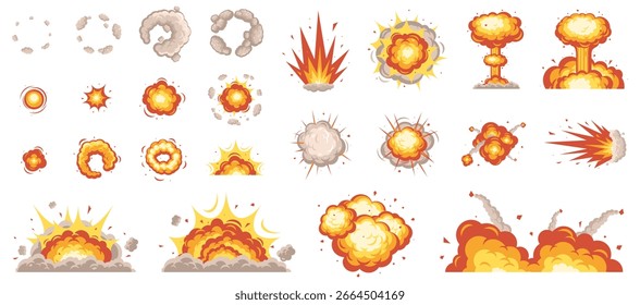 Kollektion von explosiven Cartoon-Effekten und Rauchwolken für Animationen