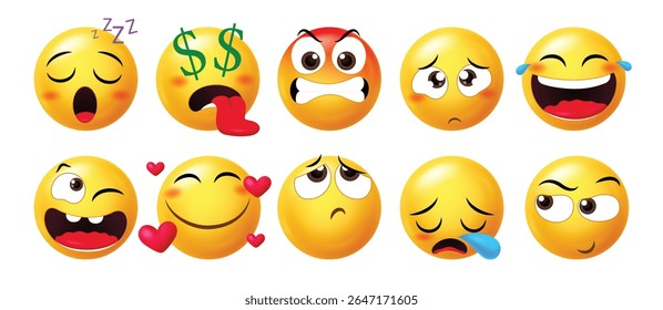  Coleção de emoticons 3D expressivos mostrando sono, olhos de dólar, raiva, choro, rir e amar emoções. Ideal para mensagens digitais e conteúdo de reação. Coleção de emoticons 3D expressivos