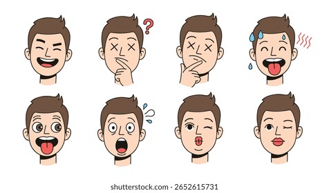 Collection of Expressive Cartoon Boy Faces Showing Various Emotions and Feelings Like Happiness Sadness Confusion and Surprise