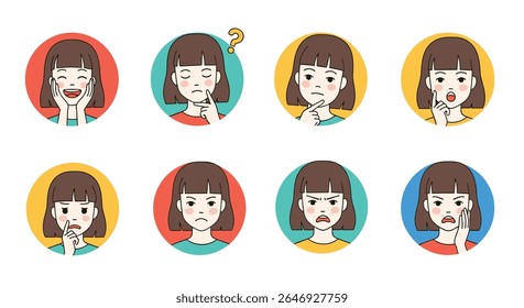 Collection of Expressive Cartoon Faces Showing Different Human Emotions and Feelings with Thoughtful Expressions