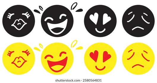 Collection of Expressive Emoticons with Different Emotions. Isolated On Transparent Background.