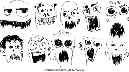 A collection of expressive, hand-drawn faces showcasing various emotions such as anger, fear, and surprise. Each face features exaggerated features and open mouths, emphasizing their expressions.