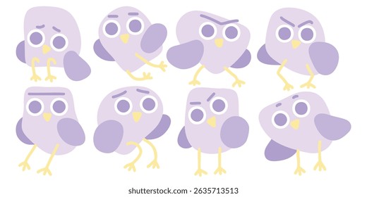 Collection of expressive lavender birds with varied poses and emotions expressing being angry, happy, sad, worried, neutral. Cartoon blob shaped birds for stickers and web page design. Vector, EPS 10.