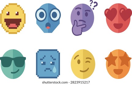 A collection of expressive pixel art emoticons and emoji icons featured in image_6787e2.png, representing a wide range of emotions including joy, confusion, love, sadness, and coolness. These versatile digital assets are ideal for social media, messaging apps, user interface design, and creative communication projects.