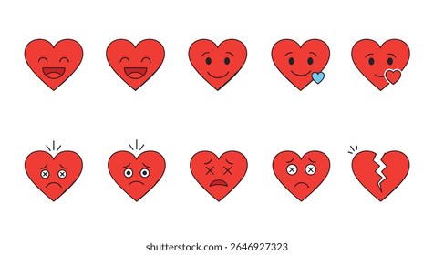 A Collection of Expressive Red Hearts Showing Various Emotions and Feelings