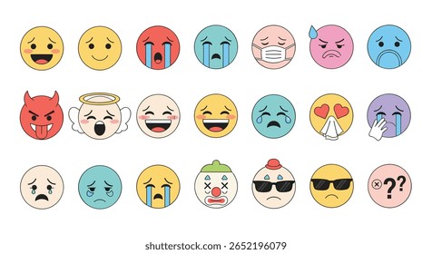 A collection of expressive round faces depicting a wide spectrum of human emotions and feelings rendered in a vibrant cartoon style