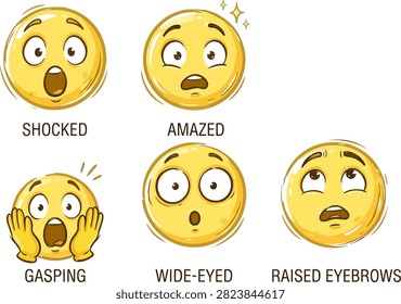 Collection of expressive yellow faces conveying shock amazement gasping wide-eyed wonder and raised eyebrows. Ideal for digital communication and marketing.