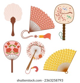Collection Of Exquisite Asian Hand Fans, Adorned With Intricate Designs, Tassels And Vibrant Colors and Patterns, Showcase Traditional Craftsmanship And Cultural Elegance. Cartoon Vector Illustration