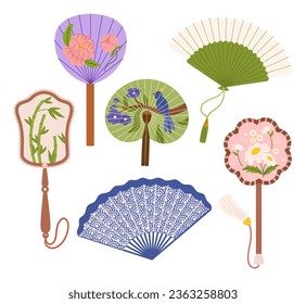 Collection Of Exquisite Asian Hand Fans, Adorned With Intricate Designs, Vibrant Colors, Delicate Materials, Flowers and Birds Patterns, Showcasing Cultural Craftsmanship. Cartoon Vector Illustration