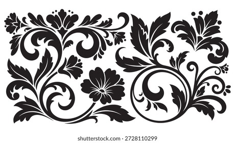 Una colección de exquisitos Elementos decorativos florales con patrones clásicos de damasco, pergaminos intrincados y siluetas de flores en flor. Estos elegantes adornos de Vector negro son perfectos para invitaciones de boda, empaques de marcas de lujo, tarjetas de felicitación, bordes de estilo victoriano y Diseño gráfico de alta gama. Ilustraciones botánicas sofisticadas con una estética atemporal.