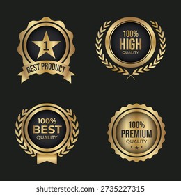 A collection of exquisite, gold-adorned badges epitomizing superior quality, the epitome of excellence, and high standards.