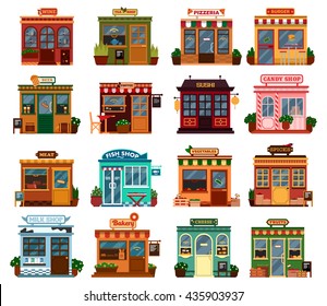 Collection Of Exterior Street View Of Shop Buildings With Tables And Chairs For Buying Groceries And Spices. Food, Drink. Wine And Tea,beer And Coffee, Sushi And Candy, Meat And Fish, Vegetable
