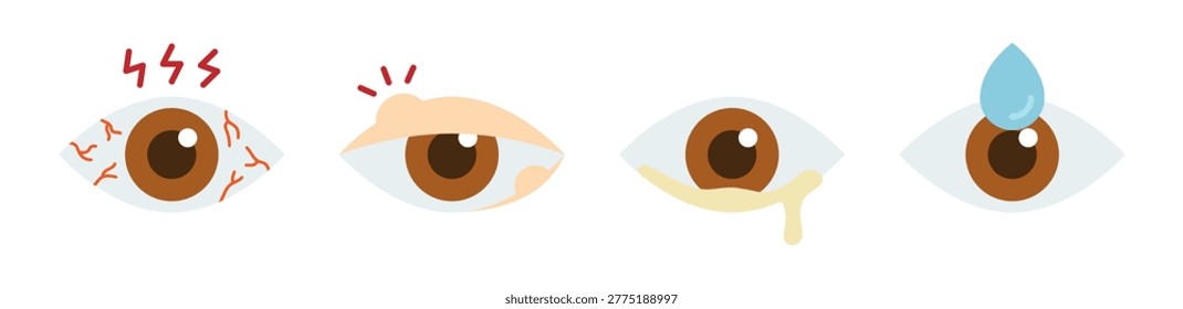 Collection of eye disease icons including irritation, stye, discharge, and eye drop treatment. Flat vector illustration ideal for healthcare content, medical apps, and educational materials.