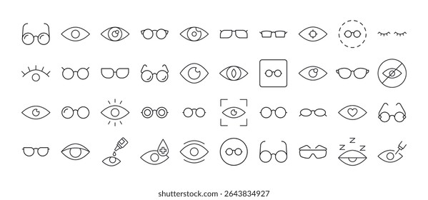 Collection of Eye and Glasses Related Line Icons. Outline Signs for Graphic and Web Design, Apps, Adverts, Various Cards 