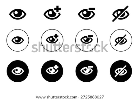 A collection of eye icons in various styles, representing visibility, hidden, add view, and remove view functions for user interfaces.