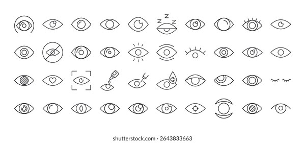 Coleção de Ícones de Linha Relacionados ao Olho. Outline Signs para Gráficos e Web Design, Apps, Anúncios, Vários Cartões 